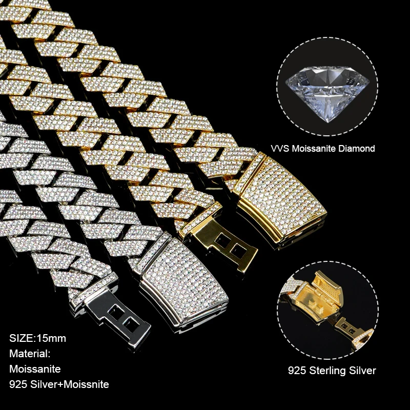 15mm Vvs Moissanite Iced Out Diamond Gold Color Chain Necklace 925 Sterling Silver Men Necklace Miami Cuban Link Chain