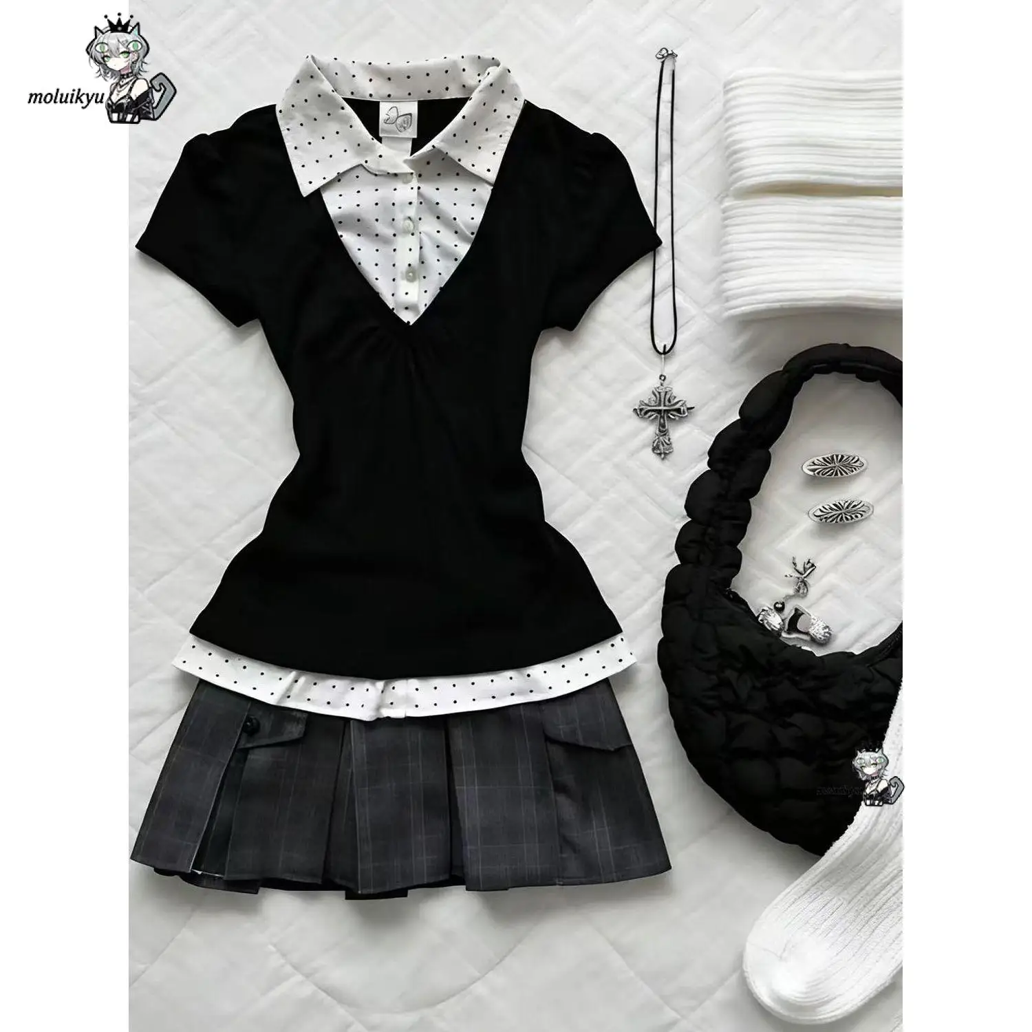 Y2K Preppy Two Piece Outfit Fake Two Piece Polka Dot Collar Short Sleeve High Waist Plaid Pleated Mini Skirt Streetwear Women