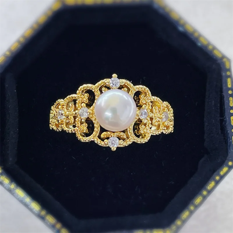 

New Arrival Fashion Pearl Ring Hollow Lace Shiny CZ Zircon 100% Real Natural Pearl 14K Gold Filled Ring Female Jewelry Gift