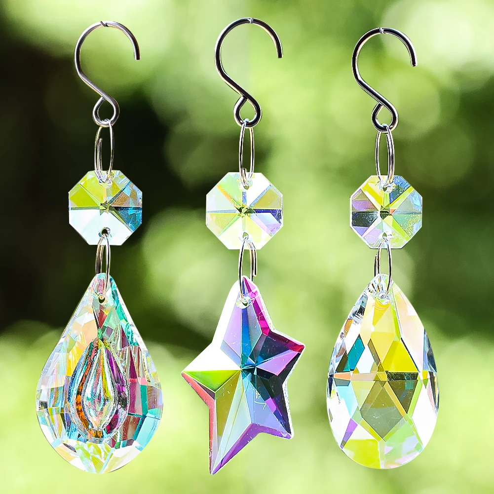 Rainbow Crystal Suncatcher Hanging Garland Strands Chandelier Prisms Pendant Parts Connected Glass Octagon Bead Wedding Decor