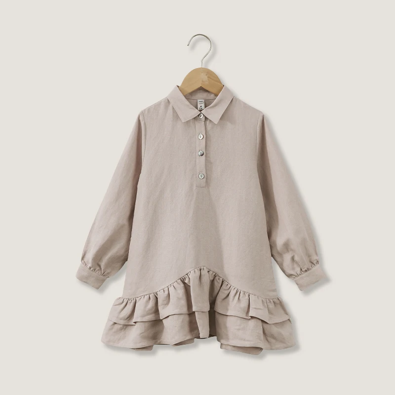 Autumn Children\'s Shirt Collar Long-Sleeved Dress Vintage Double-Layer Ruffled Cotton And Linen Pullover Cute Baby Girl Dresses