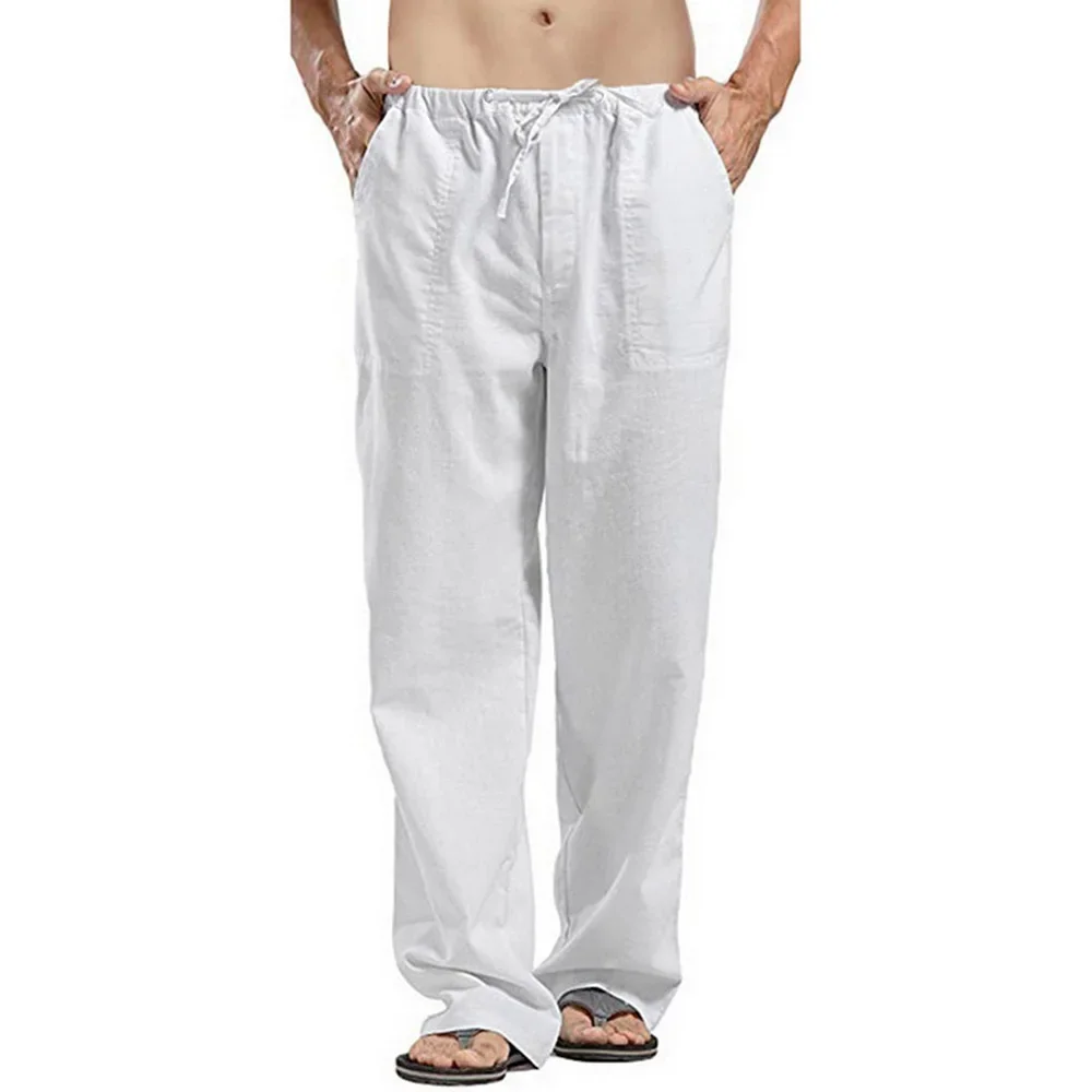 Men\'s Cotton Linen Pants Multiple Pockets Linen Breathable Pants Elastic Waist Fitness Joggers Trousers Casual Loose Sweatpants