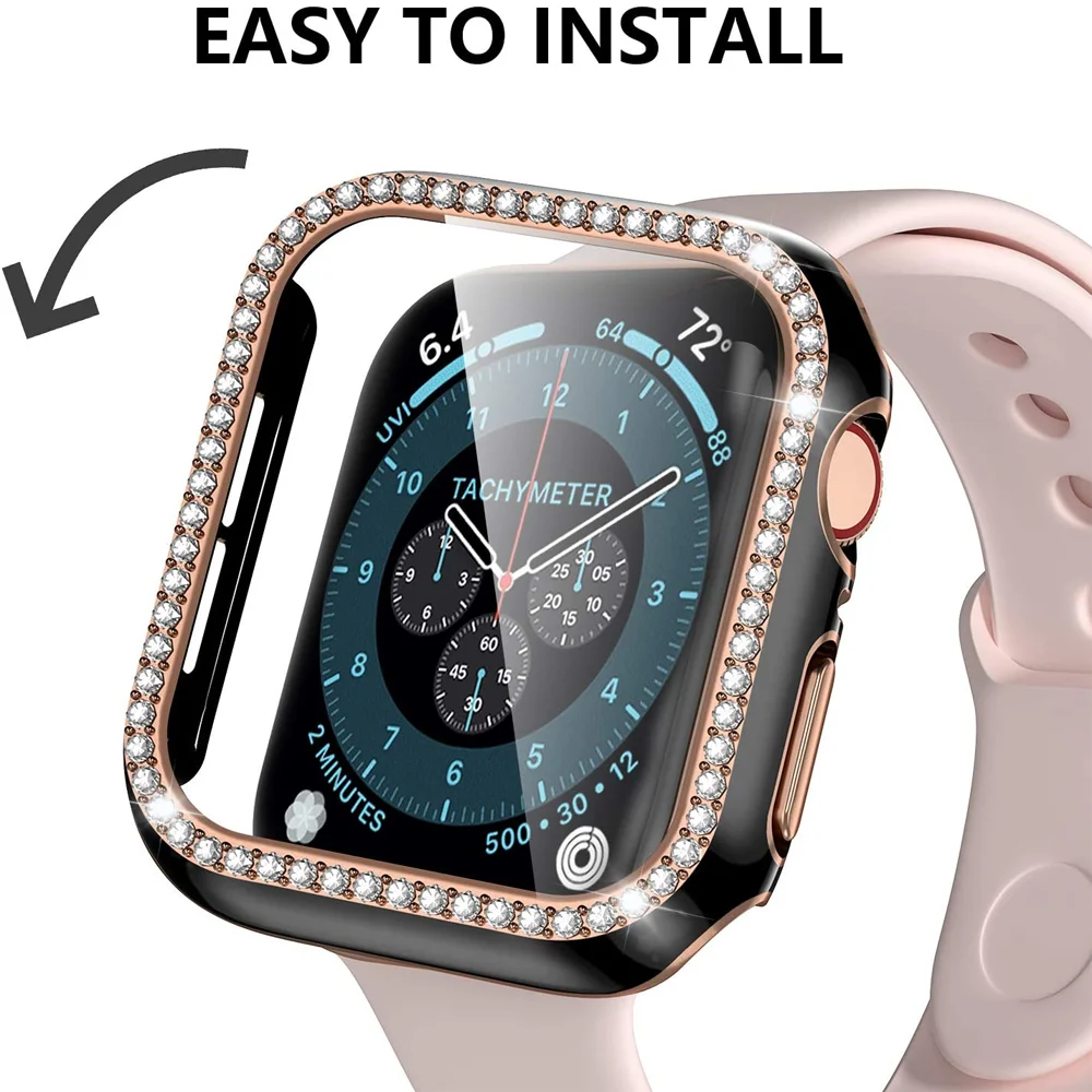 Стекло + чехол для Apple Watch Case 45 мм 44 мм 41 мм 40 мм 38 42 мм Bling Diamond бампер + защитная пленка для экрана iwatch series 9 8 7 5 6 4 SE