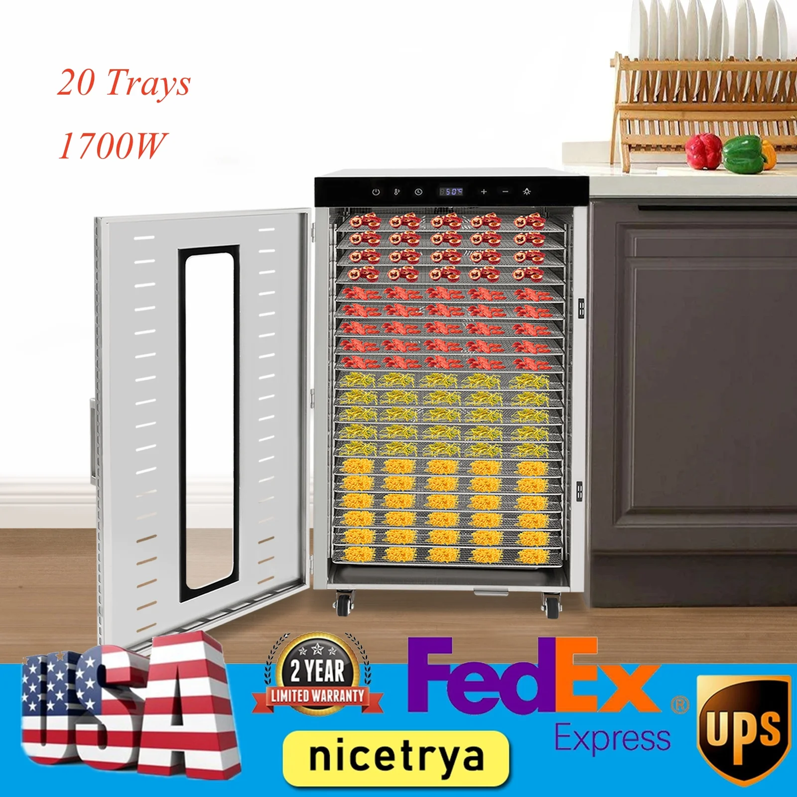 

Food Dehydrator, 20 Layer Commercial Food Dehydrator, 1700W Large Capacity Food Dryer Machine for Jerky W/ Stainless Steel Trays