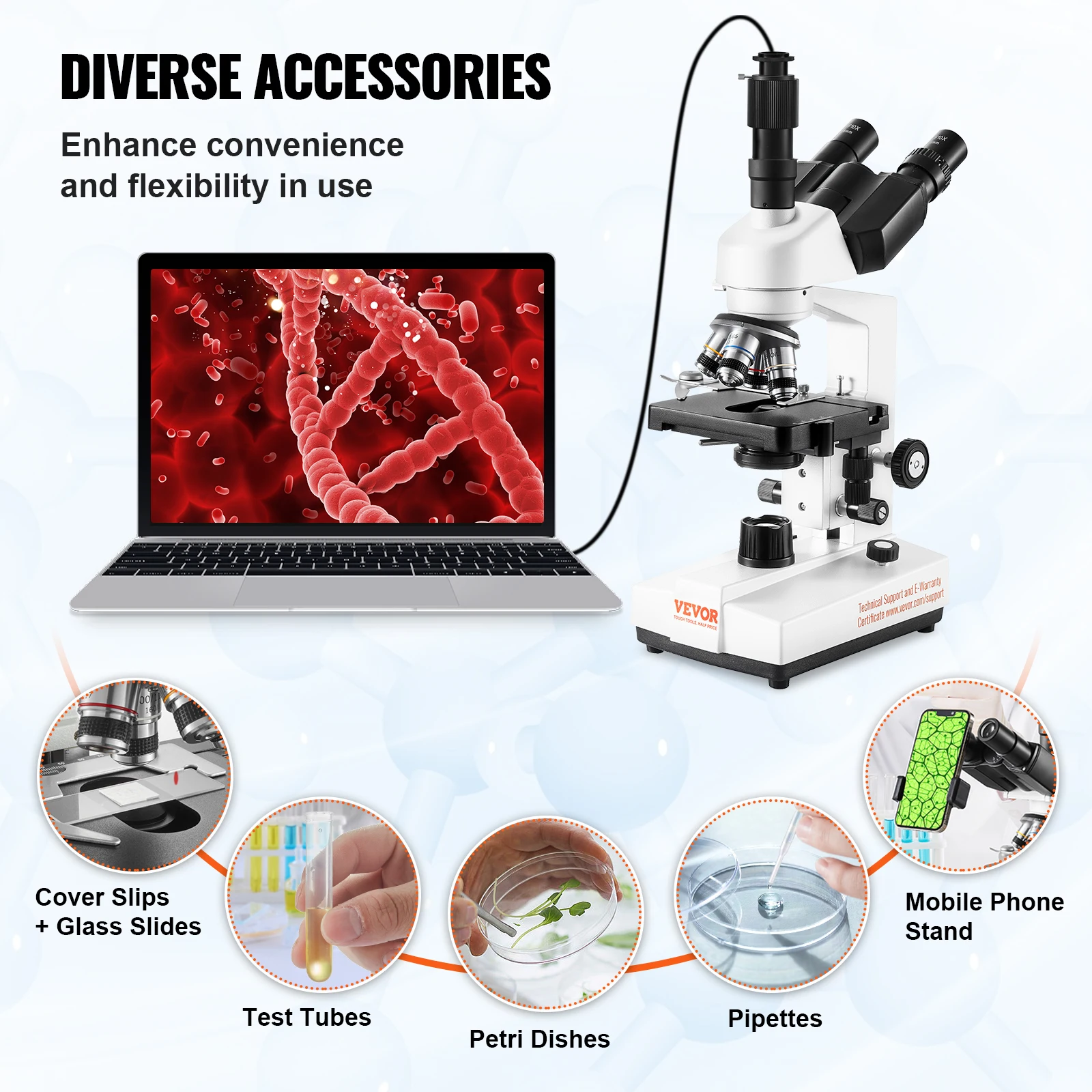 VEVOR Compound Trinocular Microscope 40X-2500/40X-5000X Magnification Lab Microscope with LED Illumination & External Interface