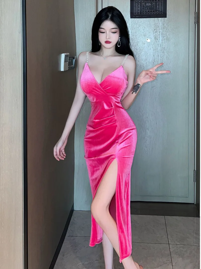 

2023 Spring and Autumn New Women's Sexy Temperament High Waist Split Velvet ceremonial dress Backless Wrap Hip Long Dress OT68