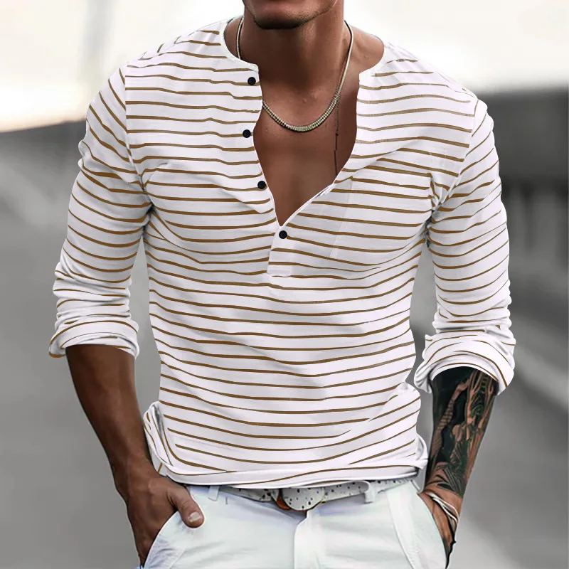 Autumn and Winter Long Sleeved T-shirt Slim Fit Versatile Base Henley Shirt with Pearl Floor Fabric Horizontal Stripes for Men