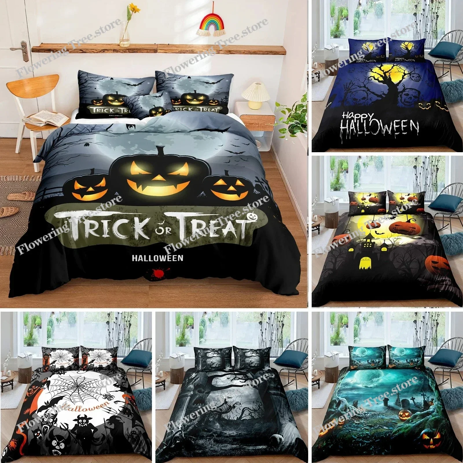 Halloween Tree Bedding Set Queen King Horror Theme Comforter Cover Gothic Spooky Twin Full Duvet Cover Branches Grey Quilt Cover