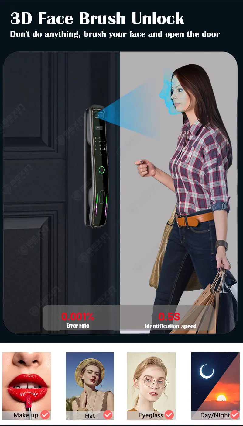 Imagem -03 - Wishome 3d Face Recognition Smart Door Lock Cartão Chave de Impressão Digital Nfc Telefone Desbloquear Desbloquear App ou Tuya App