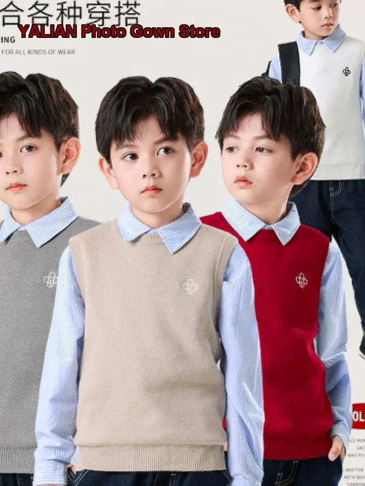 Ze Yuan Hao Boys Autumn Winter Knit Vest Kids Fleece Lined Thickened One-Piece Warm New Year Outfit