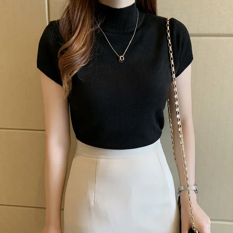 Women Elegant Solid Short Summer Half Turtleneck Slim Knitted T-shirt  Sleeve Casual Versatile Pullover Tops Casual Skinny Tops