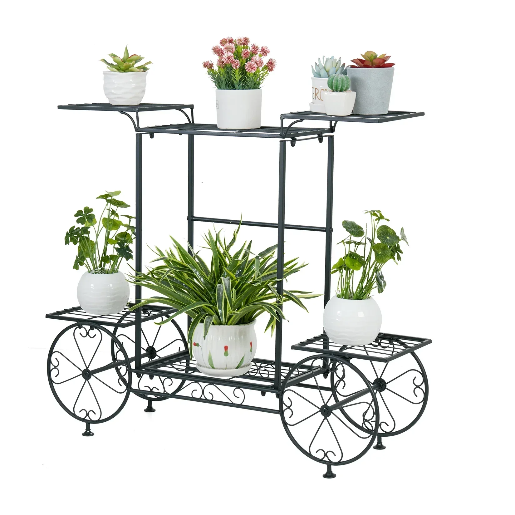 

%A Large Metal Garden Cart Plant Stand Parisian Style Flower Display Rack Holder for Indoor Outdoor