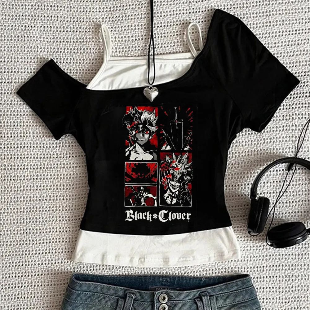 Black Clover crop top girl party scene  dollette kawaii gyaru top tees korean fashion japan japanese baddie vintage
