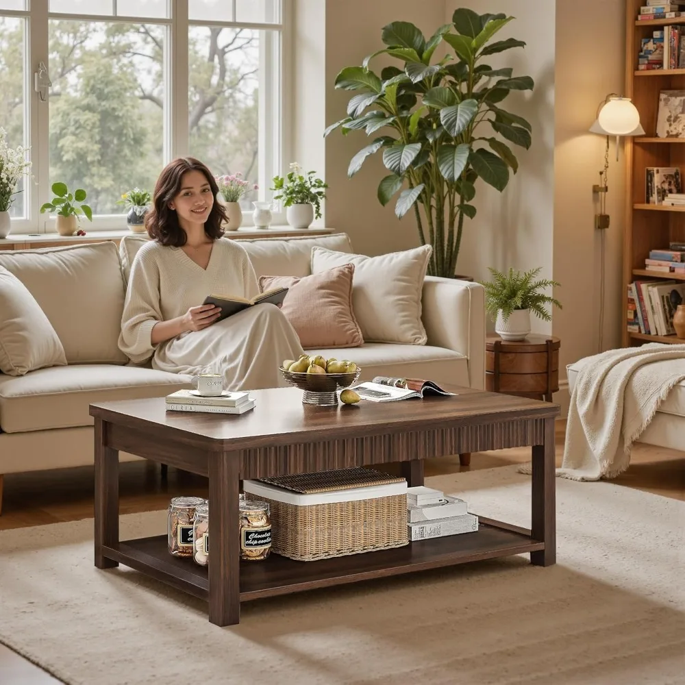 طاولة قهوة، طاولات قهوة حديثة مقاس 39 بوصة لغرفة المعيشة مع مساحة تخزين بطبقتين وحافة مموجة، طاولة مركزية من خشب الجوز لغرفة النوم/المكتب