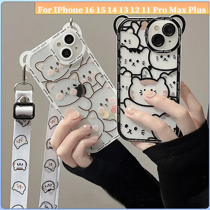 

Cartoon Bear With Lanyard Phone Case For iPhone 15 13 11 12 16 Pro Max XS X XR 8 7 15 14 Plus carcasa Soft telephone cover