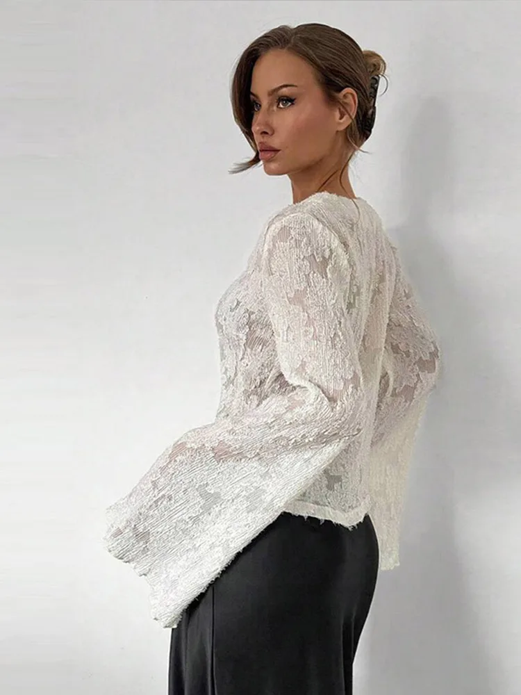 

Long Sleeve Lace Shirts Blouses Women Clothing Blusas Mujer Hollow Out Sexy Single Breasted Tops See Through Summer Casual Top