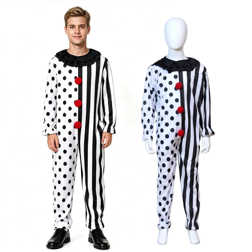 Halloween-Kostüm für Erwachsene: Horror-Clown-Overall, schwarz-weiß, mit Punkten und Streifen, Patchwork-Design, Clown-Kostüm, Cosplay-Outfit für Partys. – Detail 2