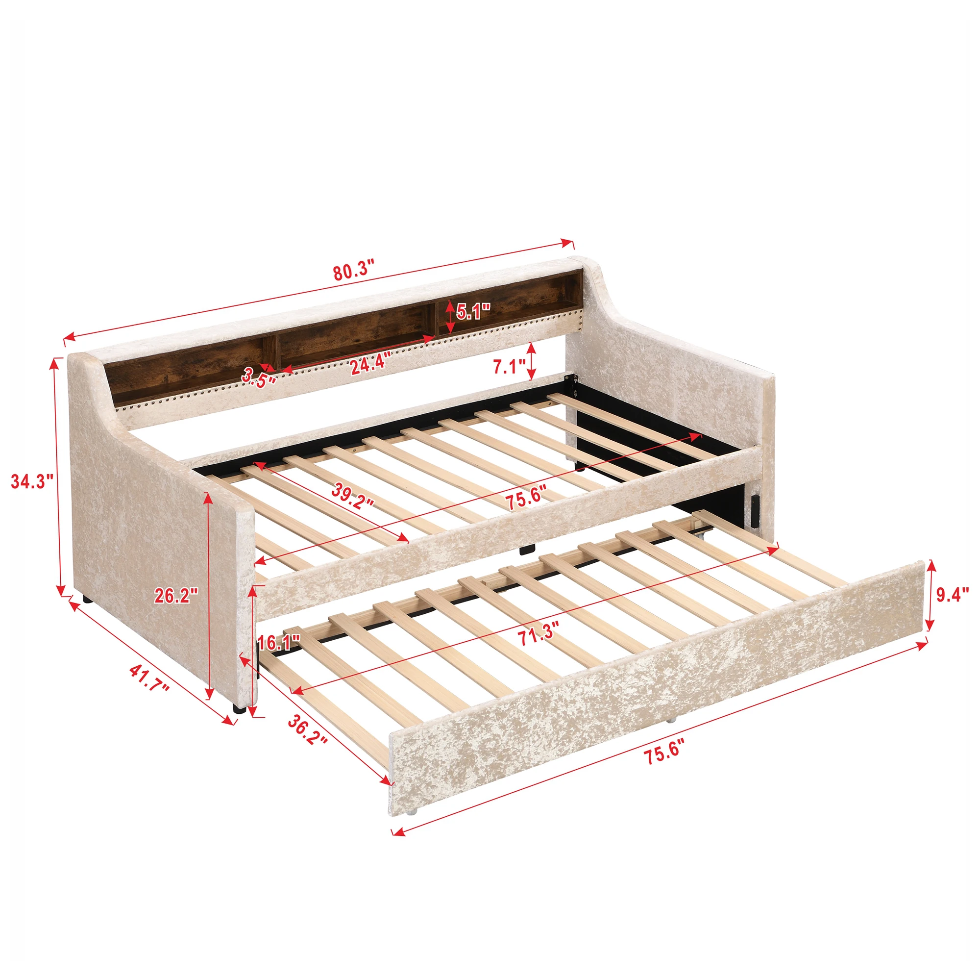 Tweelingformaat Sneeuwvlok Fluwelen Ligbed Met Uitschuifbaar En Ingebouwde Opbergplanken, Beige