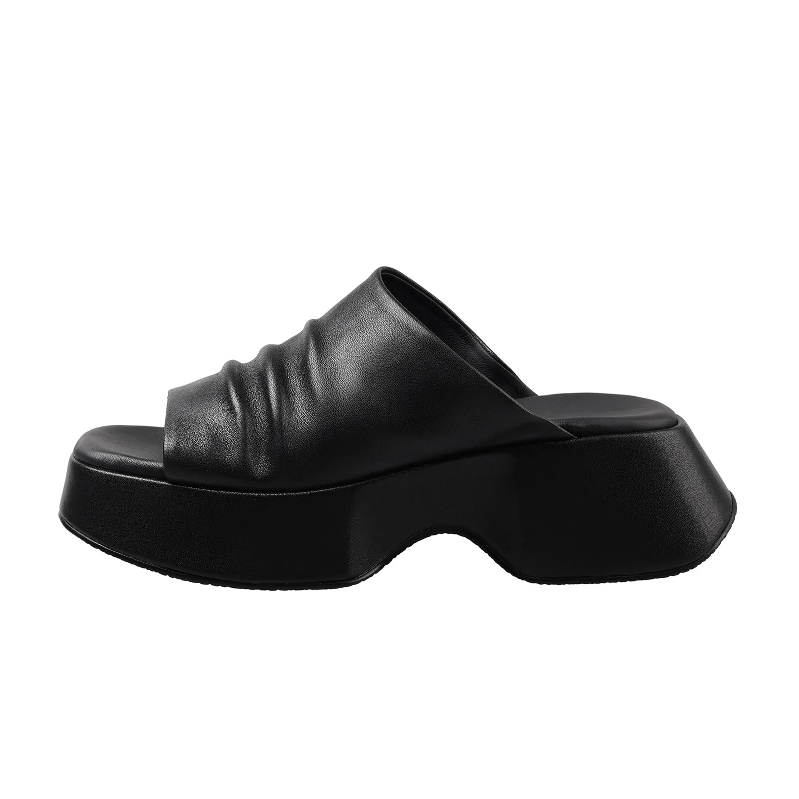 

Arden Furtado 2025 Summer sheepskin Square toe platform Open toe Wedge Middle heel word slippers Large size Pleated Cool slipper