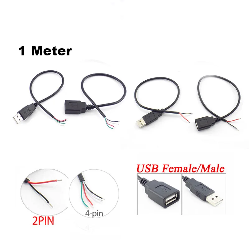 1M 2 Pin 4 pin USB 2.0 A Female Male Jack Power Charge Charging Data Cable Cord Extension Wire Connector DIY 5V Adapter D1