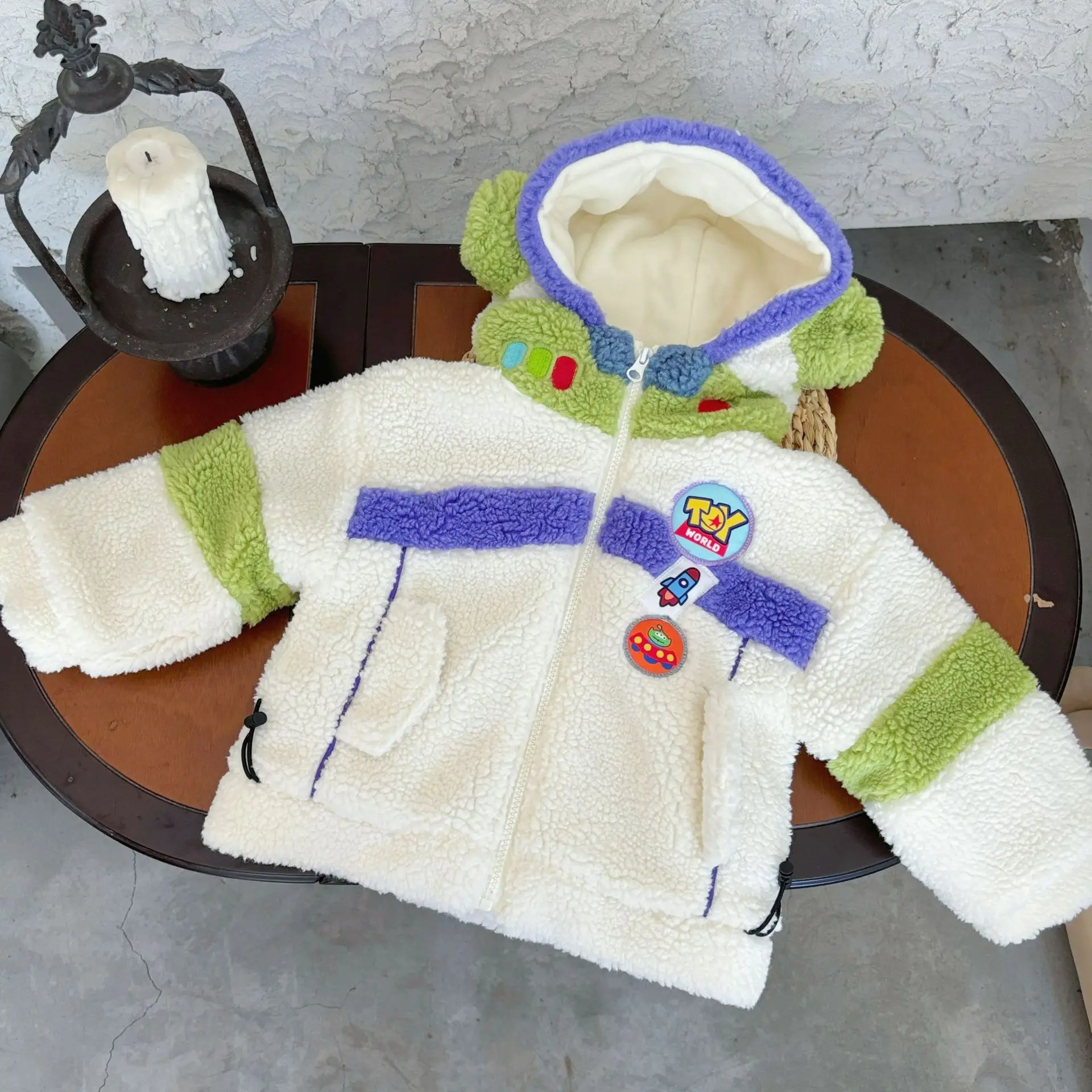 Disney Buzz Lightyear Winter Children\'S Plush Thickened Premium Texture Splicing Color Contrasting Hooded Cartoon Cotton Jacket