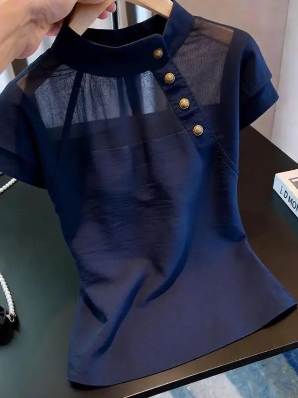 

Unique Beautiful Large Size Women's Shirt Fashionable Summer New Style Ultramarine French Style Loose Fit Breathable Short Sl...