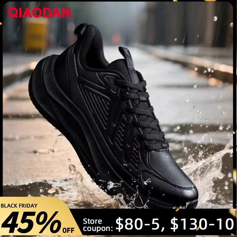 QIAODAN Men Running Shoes 2025 Autumn Leather Waterproof Commuting Sneakers Soft-Soled Black Non-Slip Sports Shoes QXB023254234