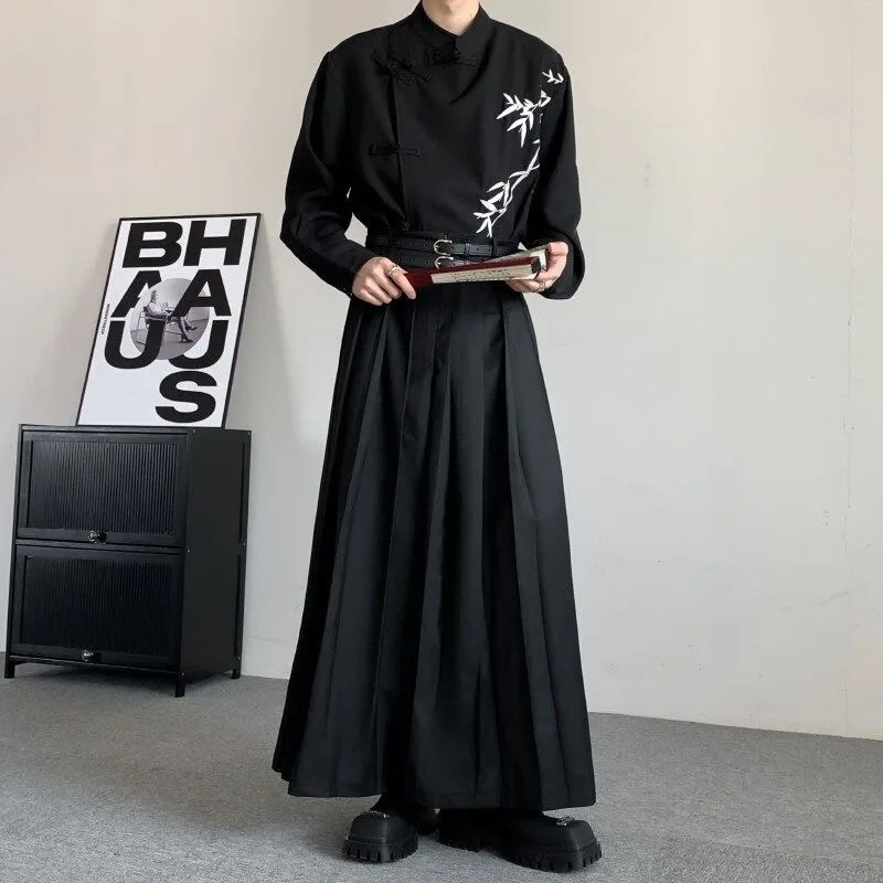 Men Pleated Belt Gentleman Skirts Pants Male Japanese Vintage Senior Design Trouser Party Club Banquet Dinner Festival Pants