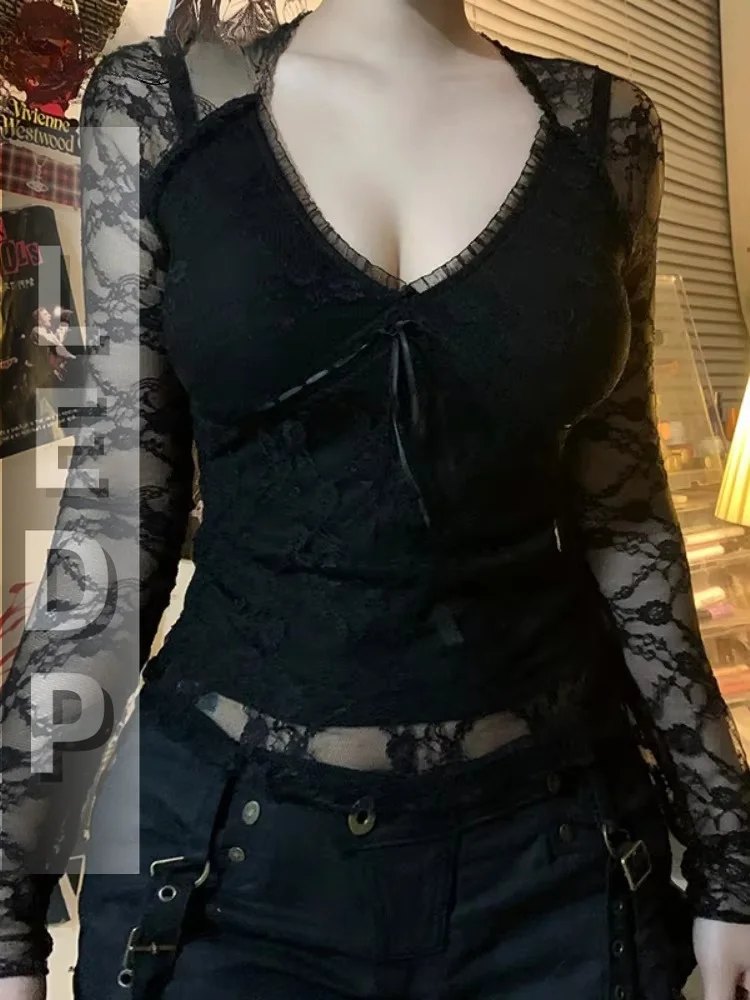 IMU Aesthetic Mall Gothic Black T-shirt Women Y2k Coquette Sexy Lace Patchwork See Through Long Sleeve V-neck Crop Tee Tops