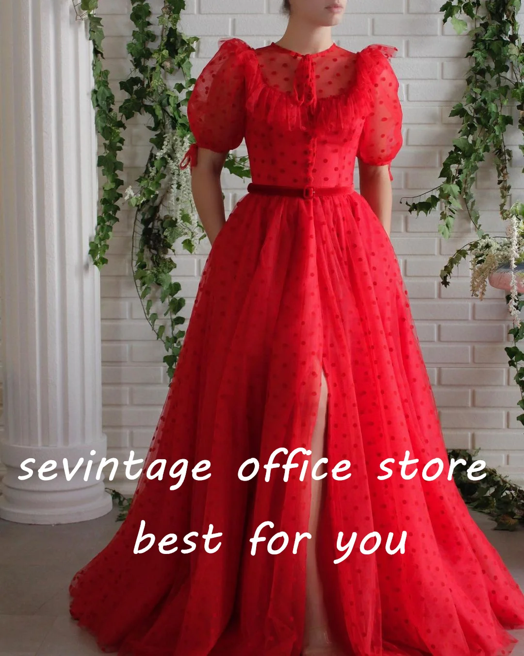 Sevintage Red Polka Dots Tulle Prom Dresses Short Sleeves High Side Split Long A-Line Evening Gowns Formal Party Dress 2022