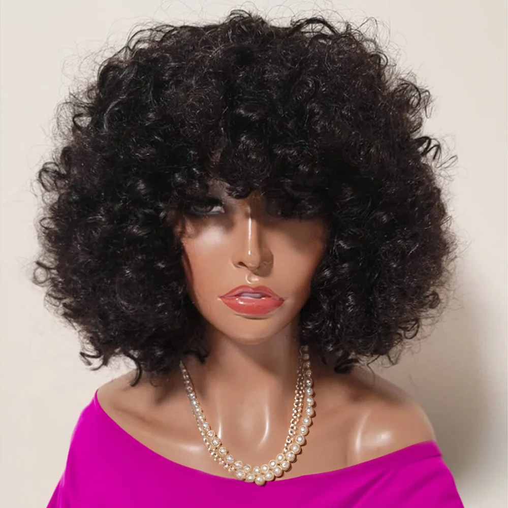 Fumi Curly Human Hair Wigs Fringe Wig Pixie Cut Rose Curly Cheap Full Machine Wigs Egg Curl Short Bob Wig With Bangs 300 Density