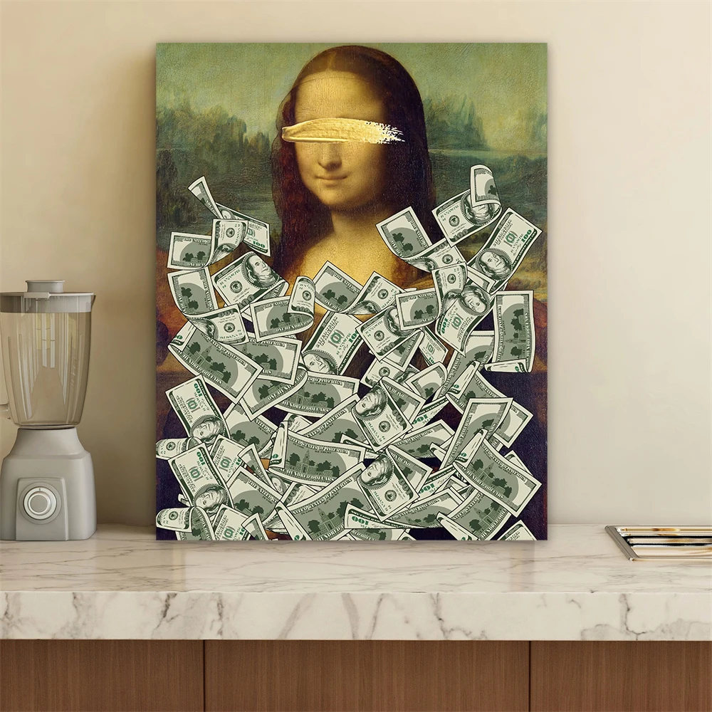 Funny Money Wall Art Prints Mona Lisa And Money Poster 100 Dollar Bill Wall Decor Money Successful Art Office Canvas Painting