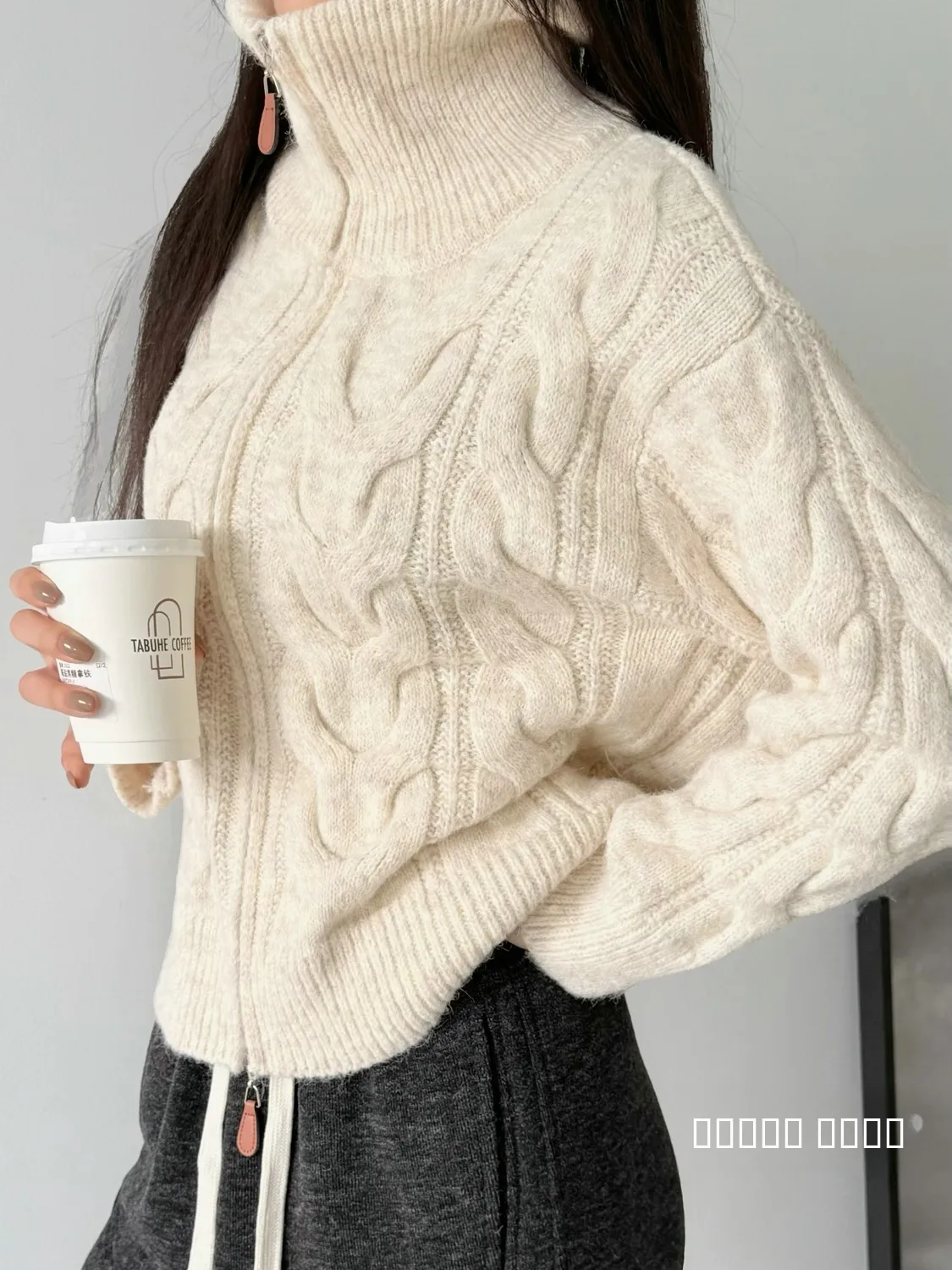 

Утепленное шерстяное вязаное пальто с двойной молнией, женское зимнее, с высоким воротником, узором косы, однотонное, для повседневной носки