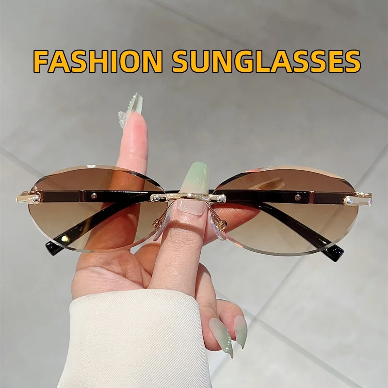 

New Frameless Cut Edge Oval Small Frame Fashionable Sunglasses Retro Metal High-end UV Resistant Glasses UV400 Shades Eyewear