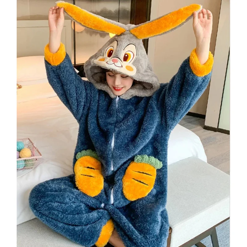 Winter Kigurumi Thicken Flannel Animal Pajamas Suit Adult Onesie Anime Women Girls Rabbit Jumpsuit Halloween Party Suit Overalls