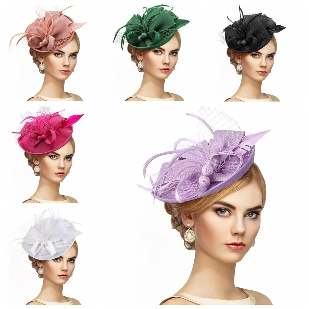 Vintage Exquisiter Feder-Fascinator-Hut mit Schleife, Eleganter Teeparty-Netz-Haarreif, Süßer Braut-Kopfschmuck für Damen – Detail 2