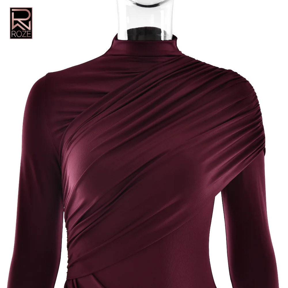 Sukienka bodycon w jednolitym kolorze - okrągły dekolt, marszczona, długi rękaw, z wiązaniem.