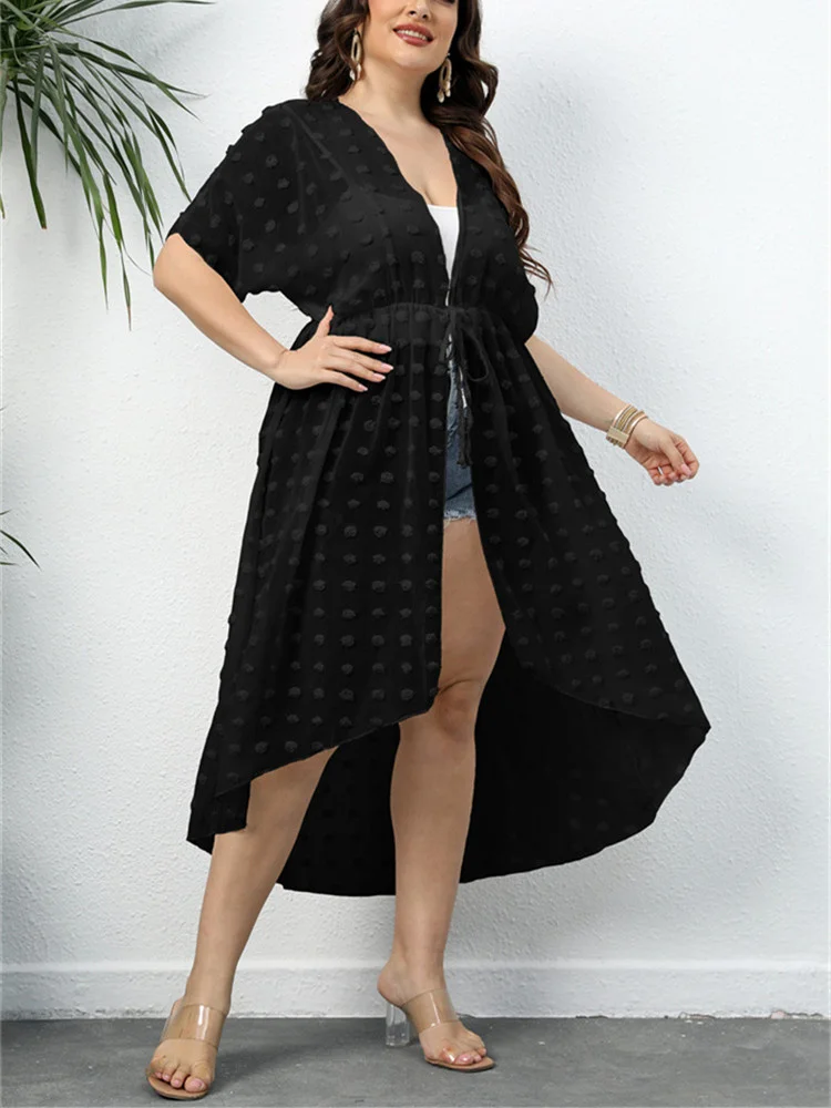 Women Chiffon Tunic Irregular Bandage Cardigan Lace Hollow Out Loose Ladies Cover Up 2022 Summer Jacquard Female Beach Cover Up