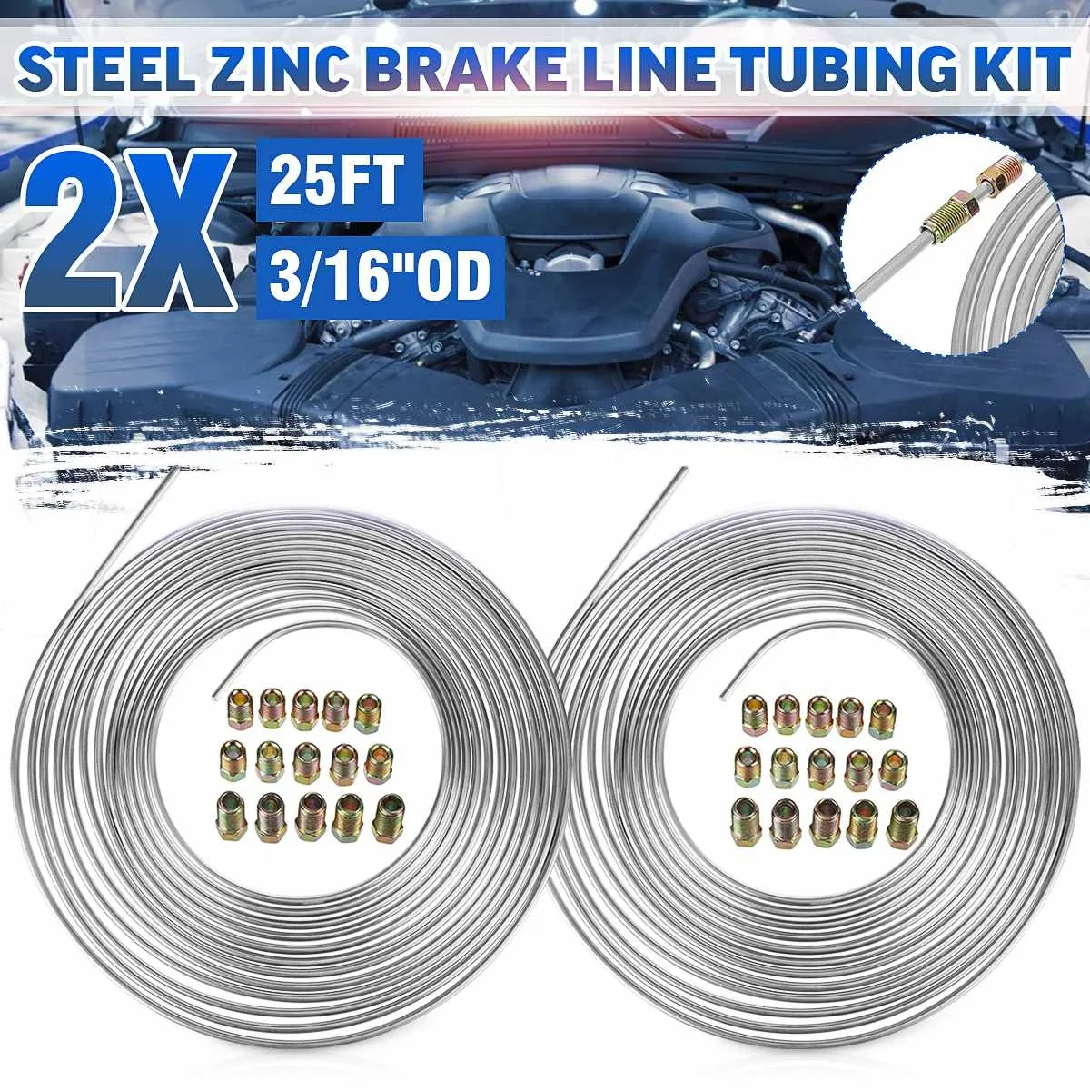 

7.62M Car Roll Tube Coil of 3/16"OD Steel Zinc Brake Pipe Hose Line Piping Tube Tubing Anti-rust with 15PCS Tube Nuts Fittings