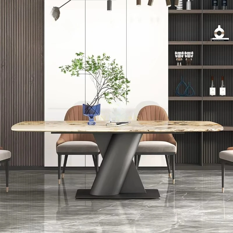 Modern Luxury Marble Top Rectangular Dining Table Twisted V Shape Metal Pedestal Base Home Kitchen Restaurant Furniture 6 Seater