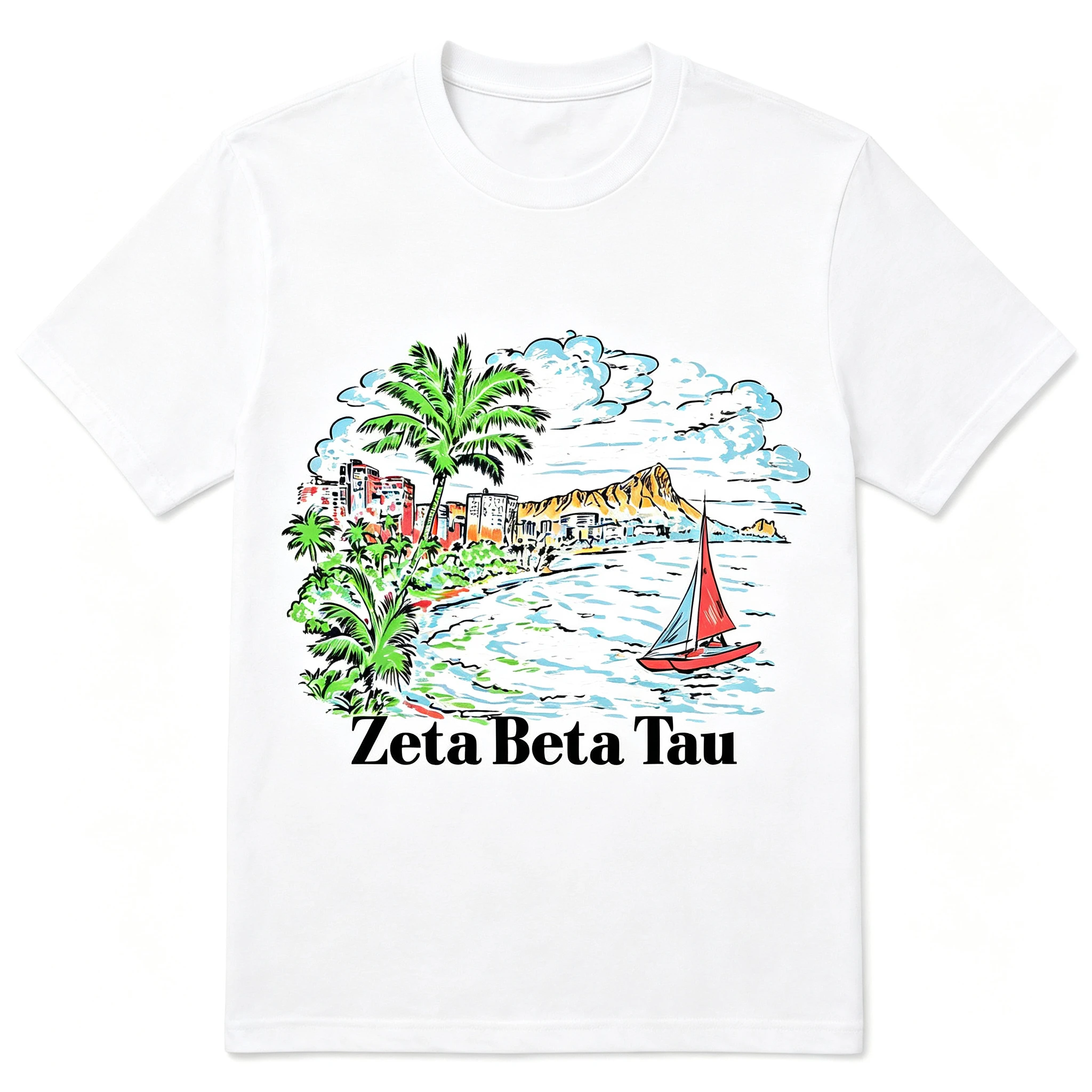 Unisex Zeta Beta Tau Hawaii Coast Sailboat Palm Tree Scenery Graphic T Shirt Men Women Summer Vacation White Short Sleeve Casual Tee
