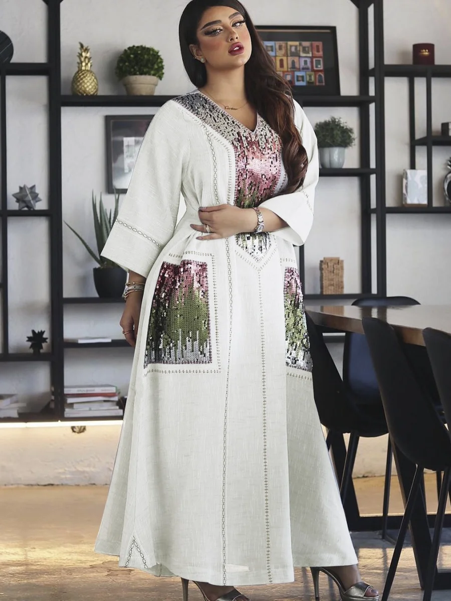 Siskakia Sequins Patchwork Abayas For Woman Dubai Luxury 2025 V-Neck Moroccan Kaftan Dress