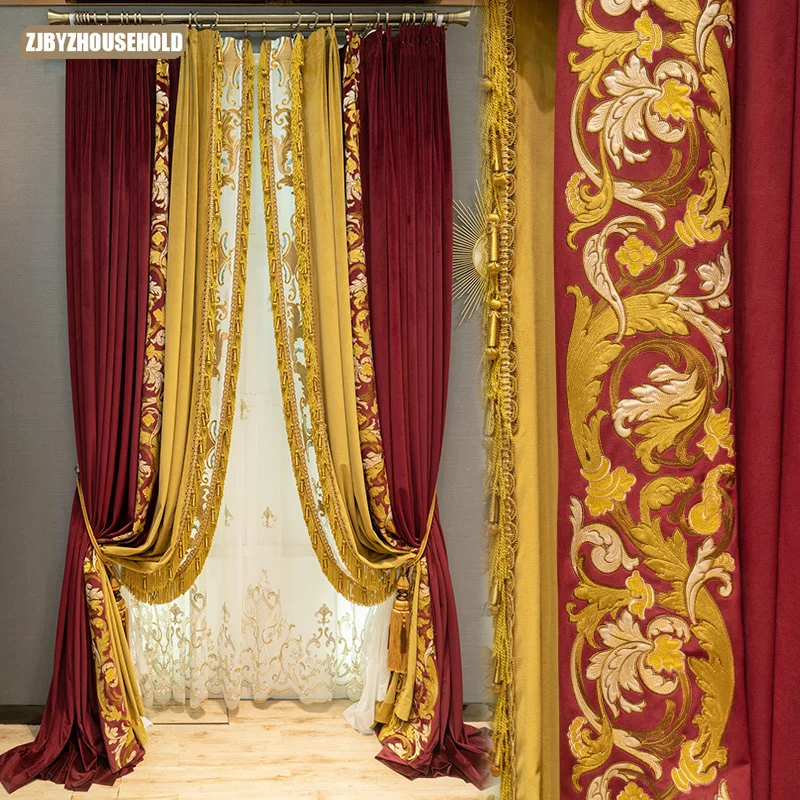 European Palace High-end Velvet Curtains Blackout Thickened Curtains for Living Dining Room Bedroom Embroidery Yarn Customise