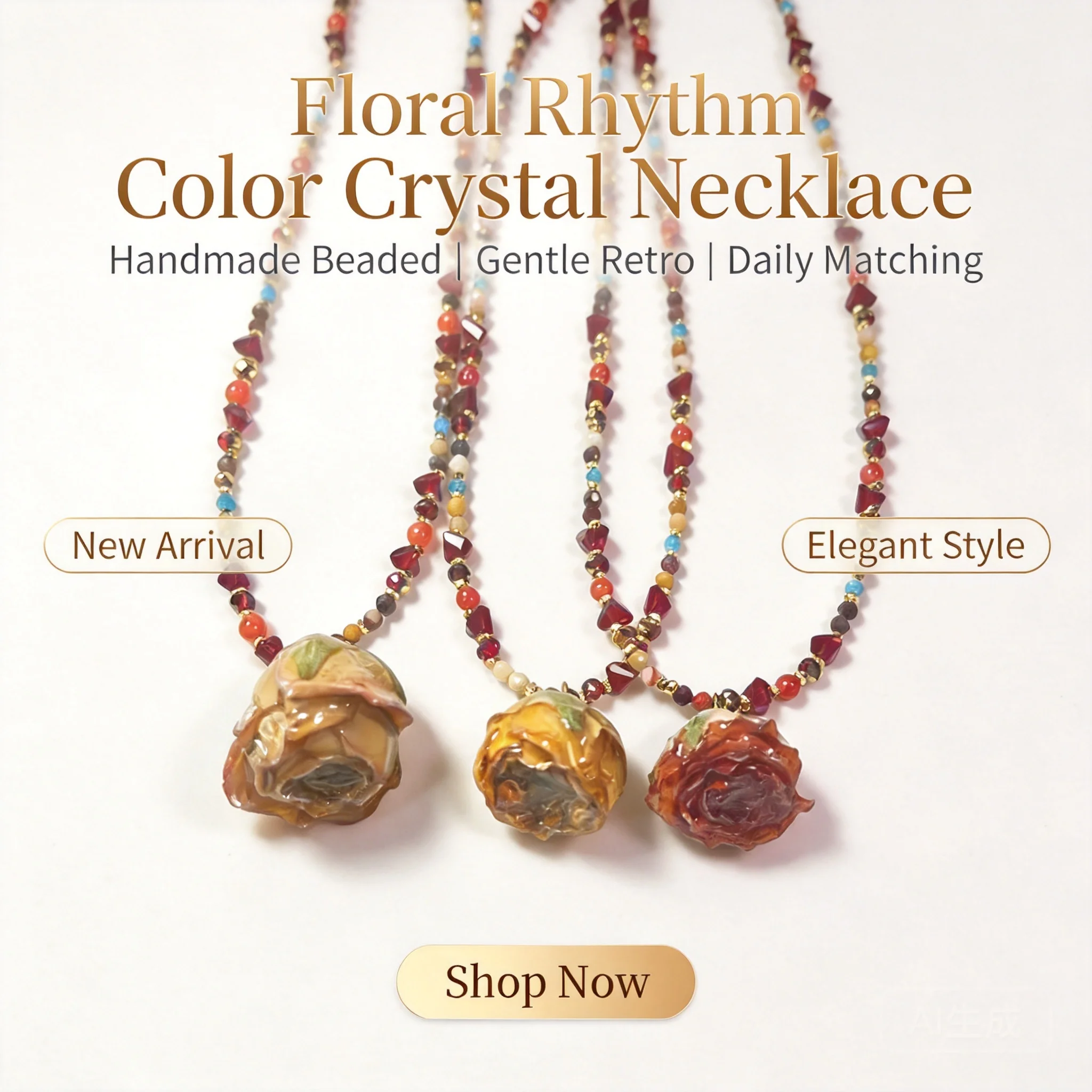 Chinese Style Lucky Blessing Handmade Natural Real Rose Pendant Necklace Colorful Crystal Beaded Choker Vintage Good Fortune Jew