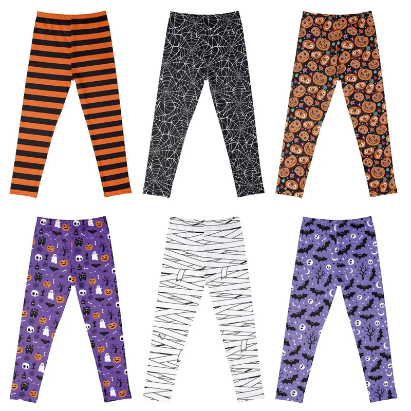 Halloween Children Girls Leggings Bottom Pants Toddler Baby Casual Trousers Kids Pumpkin Stripe Print Pants Elastic Tights 4-10Y