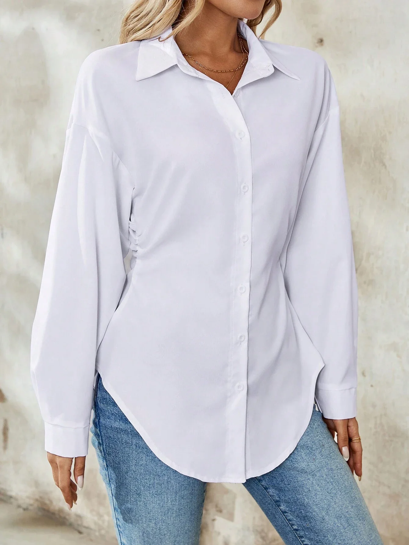 

Women's Elegant Casual Ruched Waist Long Sleeve White Blouse
