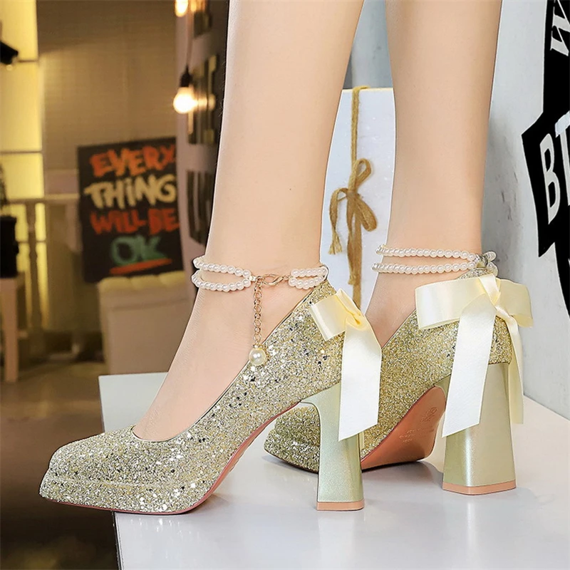 BIGTREE ربيع كتلة مكتنزة الكعوب المرأة مضخات الصنادل مطرزة أزياء الزفاف منصة الكعوب الأحذية