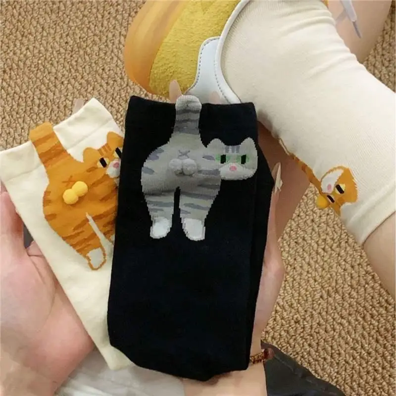 

Girls Mid-Length Cotton Socks with Cartoon Cat Balls Design; Lolita Trend Knitted Socks; Feline Tail Print Couple Socks