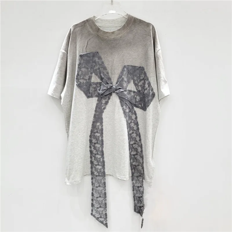 

2025 Summer New Arrival Design Long and Mid-length Loose Round-neck T-shirt with Three-dimensional Lace Bows and Gradient Colors