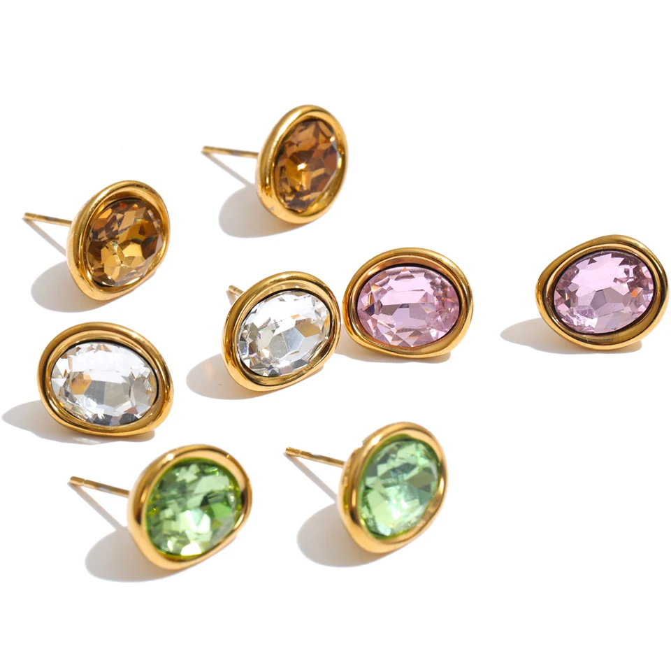 Yhpup Edelstahl Kristall Runde Ohrstecker 18K Goldfarbe PVD-beschichtet Mehrfarbig Gegossener Glänzender Schmuck – Detail 3